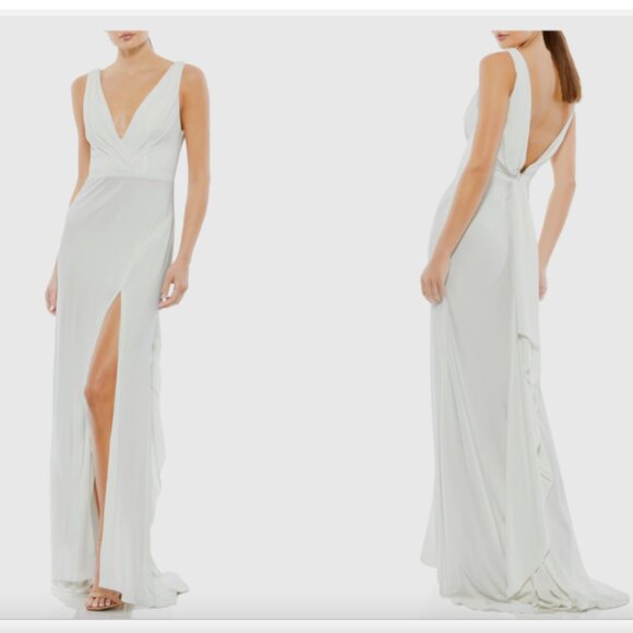 NWT $298 Mac Duggal Cowl Back Surplice Knit Gown in White Size 6 - Picture 1 of 10